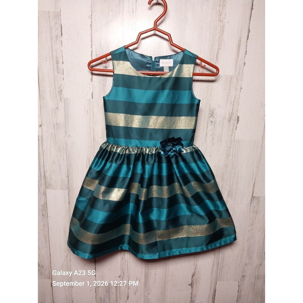The Childrens Place Girls Satin Taffeta Teal Green Stripe Party Dress Size 8
